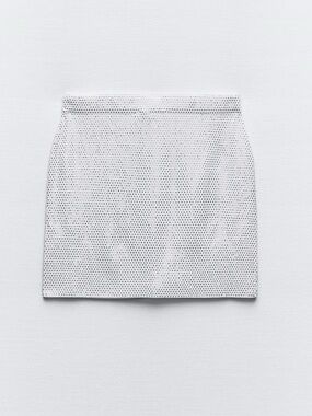 Zara Rhinestones White Eyelet Mini Skirt festival outfit size S